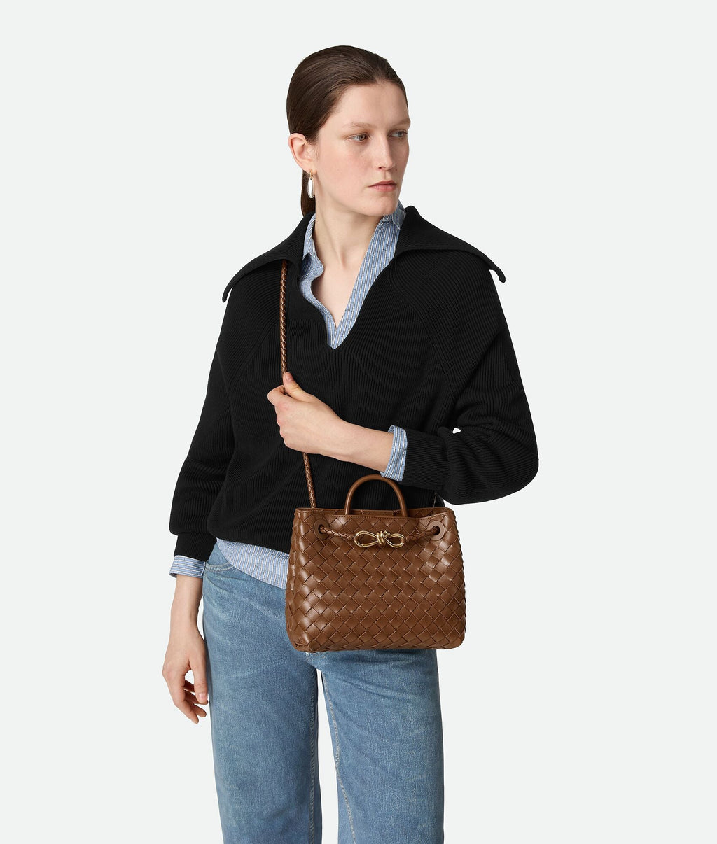 Adriana woven vegan leather tote, styled view