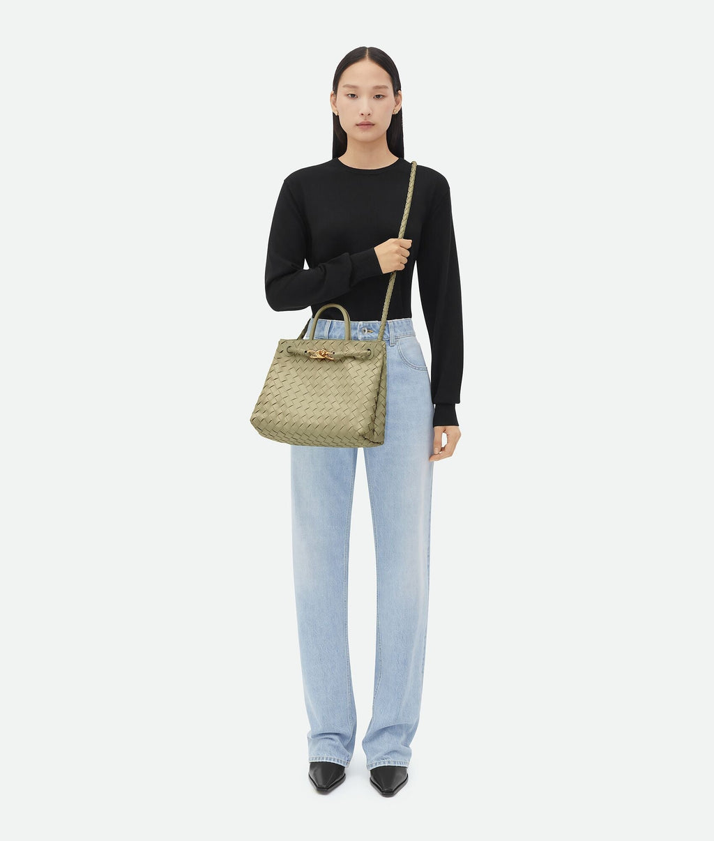 Adriana woven tote bag showing its structured silhouette