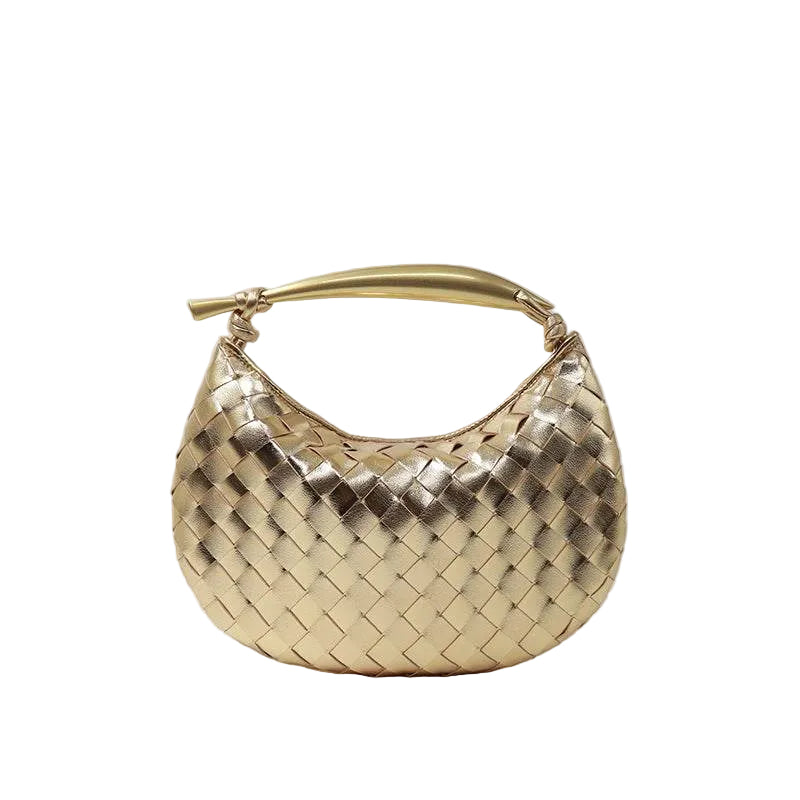 Noémie gold woven vegan leather handbag with gold-tone stainless steel handle
