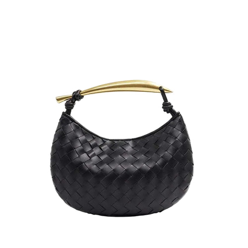 Noémie black woven vegan leather handbag with gold-tone stainless steel handle