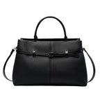Front view of a black genuine leather tote bag with elegant buckle detailing, perfect for both work and casual settings