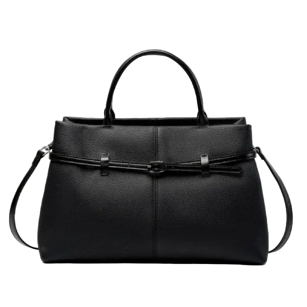 Front view of a black genuine leather tote bag with elegant buckle detailing, perfect for both work and casual settings