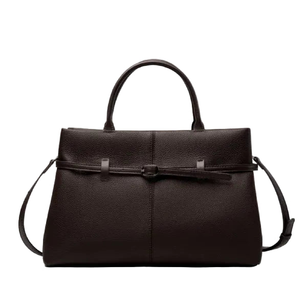 Front view of a brown coffee-colored genuine leather tote bag with a sleek buckle design, perfect for formal and casual occasions
