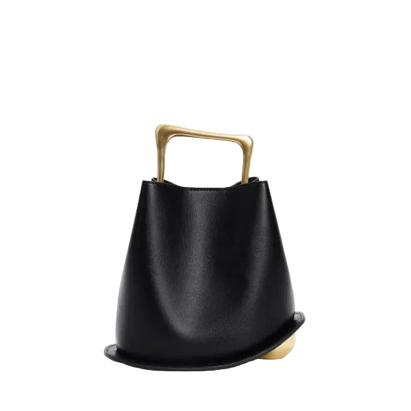 Front view of a Black Izelia top grain leather crossbody bag with a gold handle on a white background
