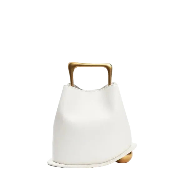 Front view of a White Izelia top grain leather crossbody bag with gold handle on a white background