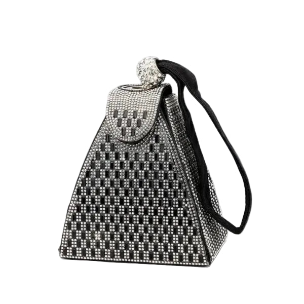 Liora Handmade Crystal Acrylic Evening Bag in black, front studio view showcasing geometric pyramid shape with allover crystals and wrist strap