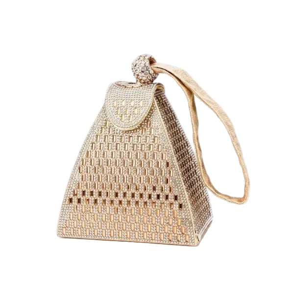 Liora Handmade Crystal Acrylic Evening Bag in gold, front studio view showcasing pyramid silhouette with allover crystals and wrist strap