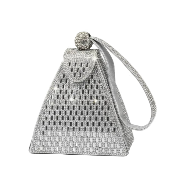 Liora Handmade Crystal Acrylic Evening Bag in silver, front studio view showcasing pyramid silhouette with allover crystals and wrist strap