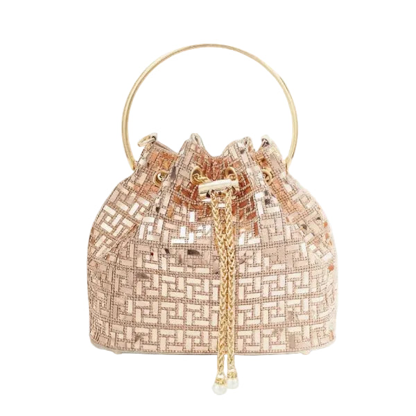 Lyanna Metallic Embellished Bucket Bag in gold, front studio view showcasing round top handle, shimmering pattern, and chain tassel detail