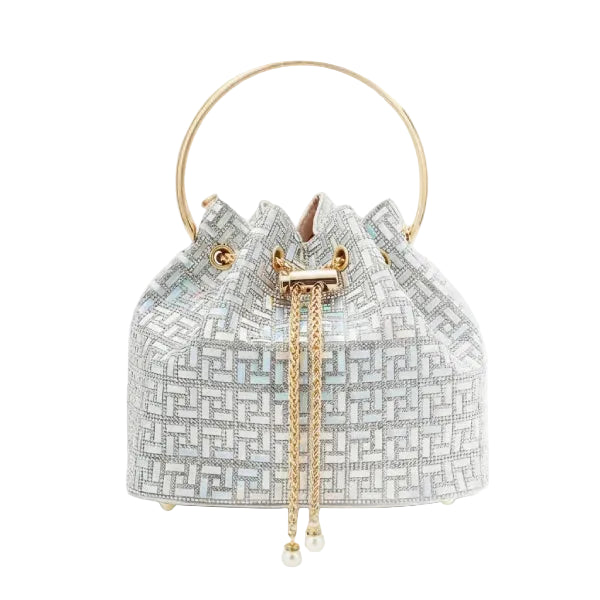 Lyanna Metallic Embellished Bucket Bag in silver, front studio view showcasing round top handle and sparkling geometric pattern