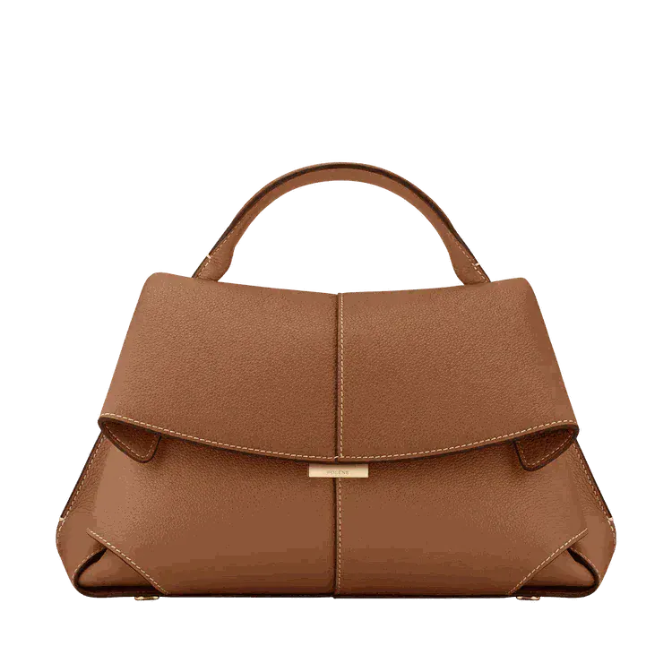 Genevieve structured vegan leather handbag in Camel with top handle, front view