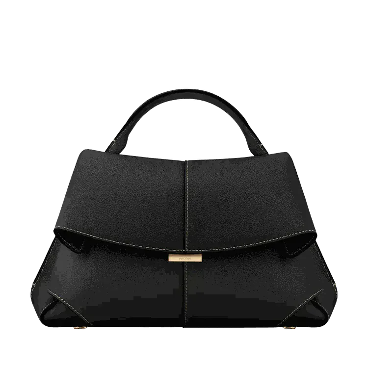 Genevieve structured vegan leather handbag in Black with adjustable strap and gold-tone clasp, front view