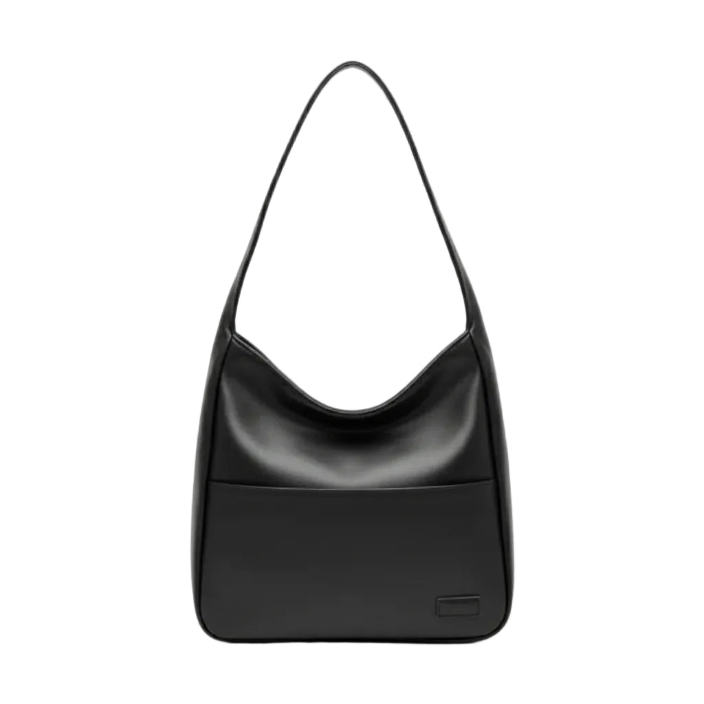 Front view of Seliora vegan leather shoulder bag in black with sleek design and front pocket