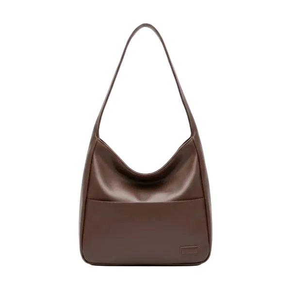 Front view of Seliora vegan leather shoulder bag in coffee color with minimalist design and front pocket