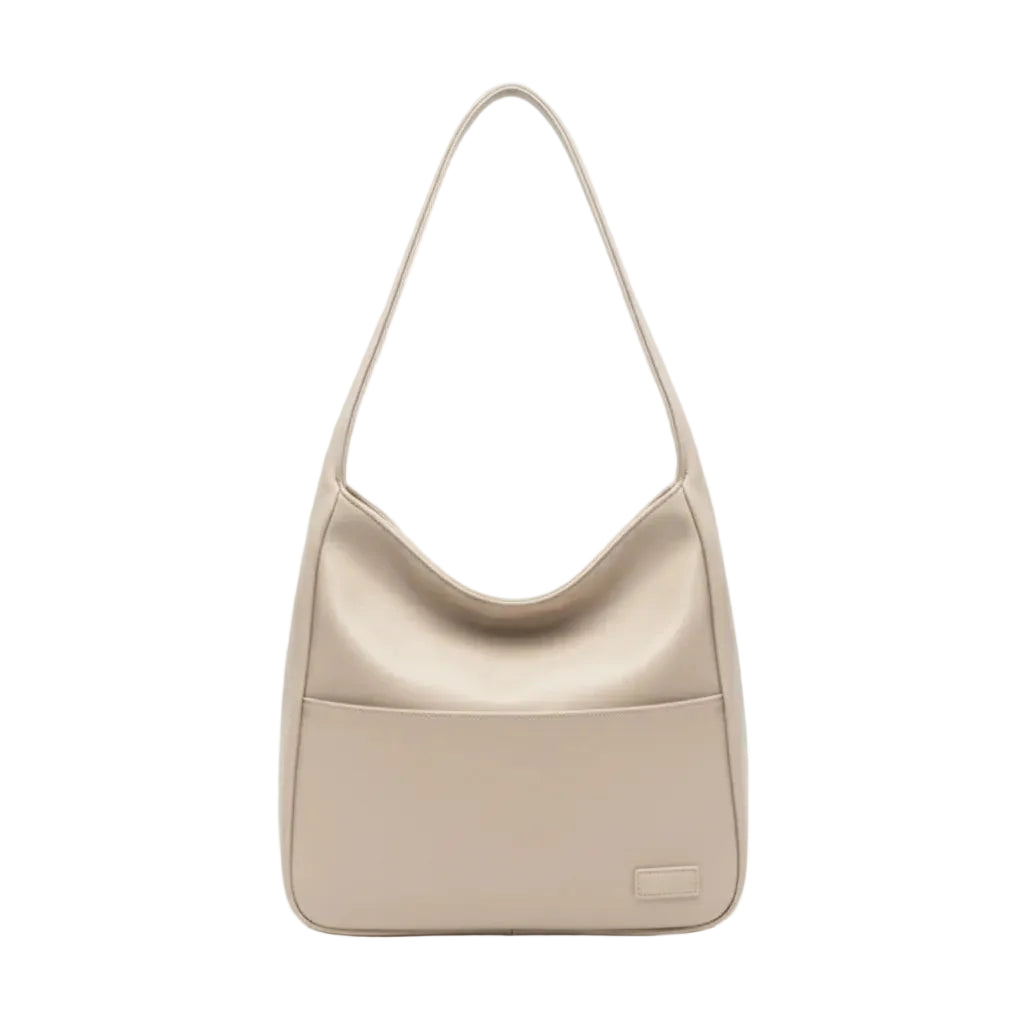 Front view of Seliora vegan leather shoulder bag in off-white color with sleek design and front pocket