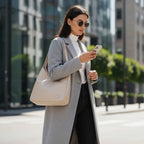 Model wearing Seliora vegan leather shoulder bag in off-white color while walking outdoors in a stylish coat