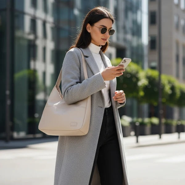 Model wearing Seliora vegan leather shoulder bag in off-white color while walking outdoors in a stylish coat