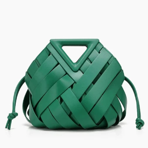 Seren Vegan Leather Bucket Bag in green, front studio view showing sculptural woven body with drawstring sides and triangle handle