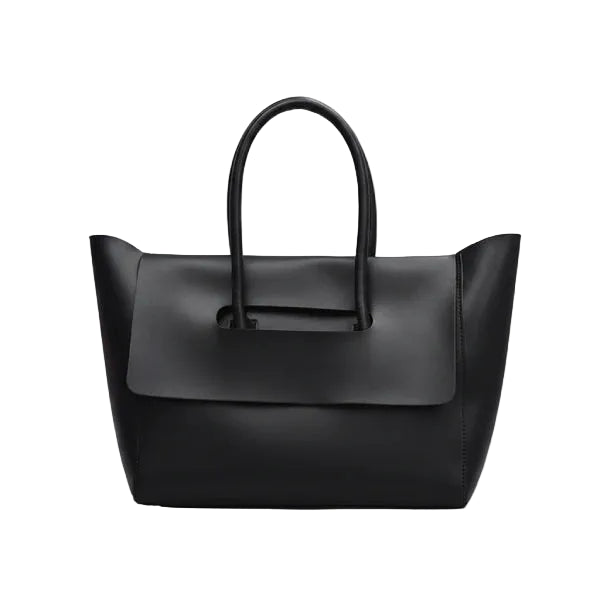 Front view of black vegan leather tote bag with structured design and elegant flap closure for a sophisticated look
