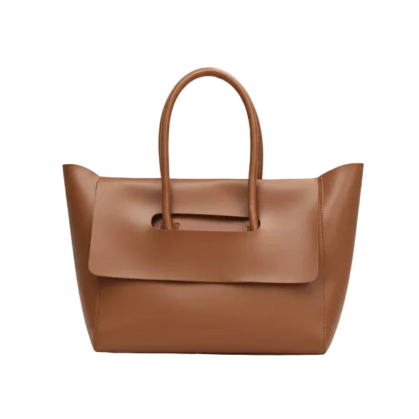 Front view of Sylvene vegan leather tote bag in a rich caramel color, showcasing its sleek and modern design