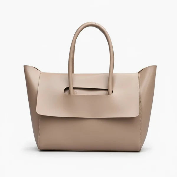 Front view of the Sylvene vegan leather tote bag in khaki color, showcasing its elegant and modern style with a simple flap design