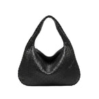 Valencia Vegan Leather Hobo Bag in black, front view of crescent hobo with woven texture and structured handle