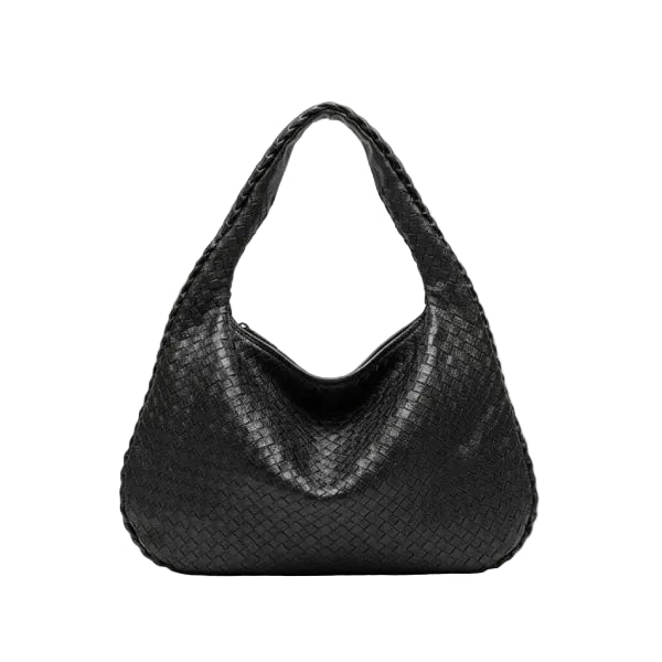 Valencia Vegan Leather Hobo Bag in black, front view of crescent hobo with woven texture and structured handle