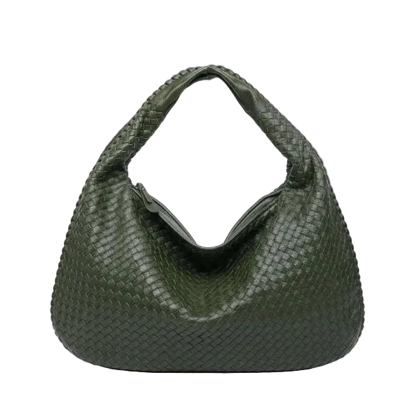 Front view of dark green woven vegan leather hobo bag with a spacious design, wide handle, and zipper opening