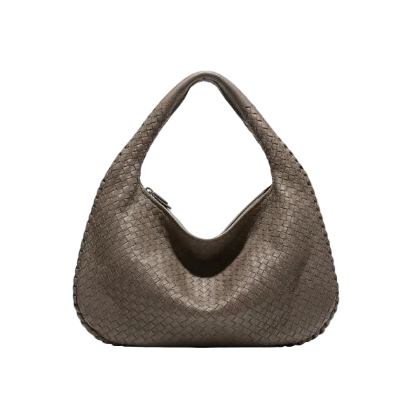 Front view of grey woven vegan leather hobo bag with zipper closure and wide handle
