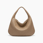 Front view of khaki woven vegan leather hobo bag with wide handle and zipper opening