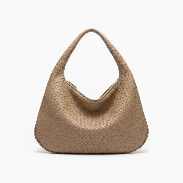Front view of khaki woven vegan leather hobo bag with wide handle and zipper opening