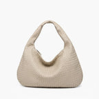 Front view of off-white woven vegan leather hobo bag with wide handle and zipper opening