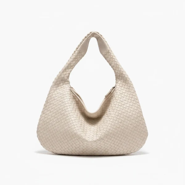 Front view of white woven vegan leather hobo bag with zipper closure and wide handle